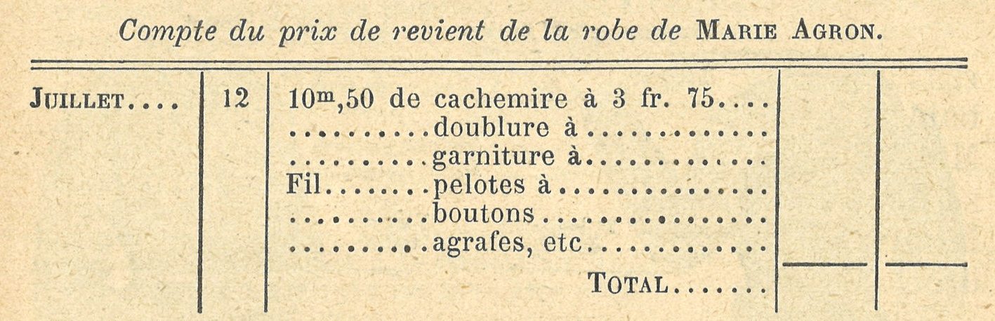 Chapitre 96, page 334, Compte du prix de revient de la robe de MARIE AGRON